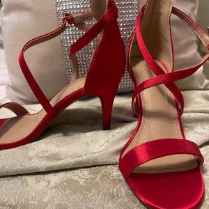 Red Open Toe Satin Sandals, size 6.5
